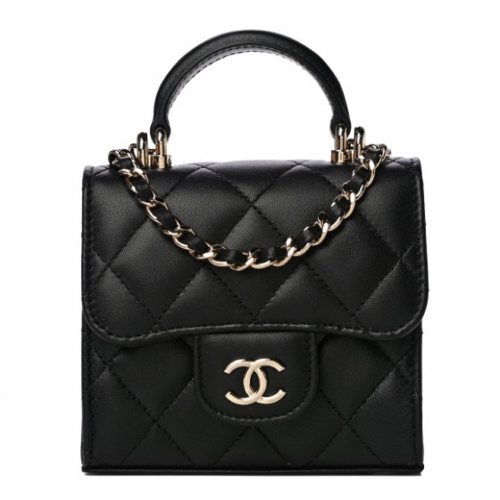 Lambskin Quilted Top Handle Flap Clutch With Chain Black
